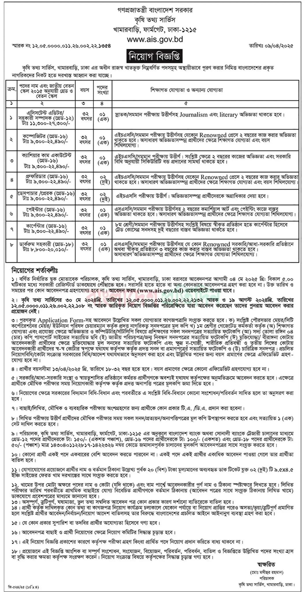 কৃষি তথ্য সার্ভিস নিয়োগ বিজ্ঞপ্তি ২০২৫