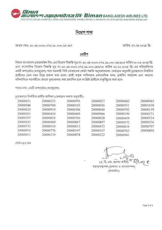 বিমান বাংলাদেশ এয়ারলাইন্স নিয়োগ বিজ্ঞপ্তি ২০২৫