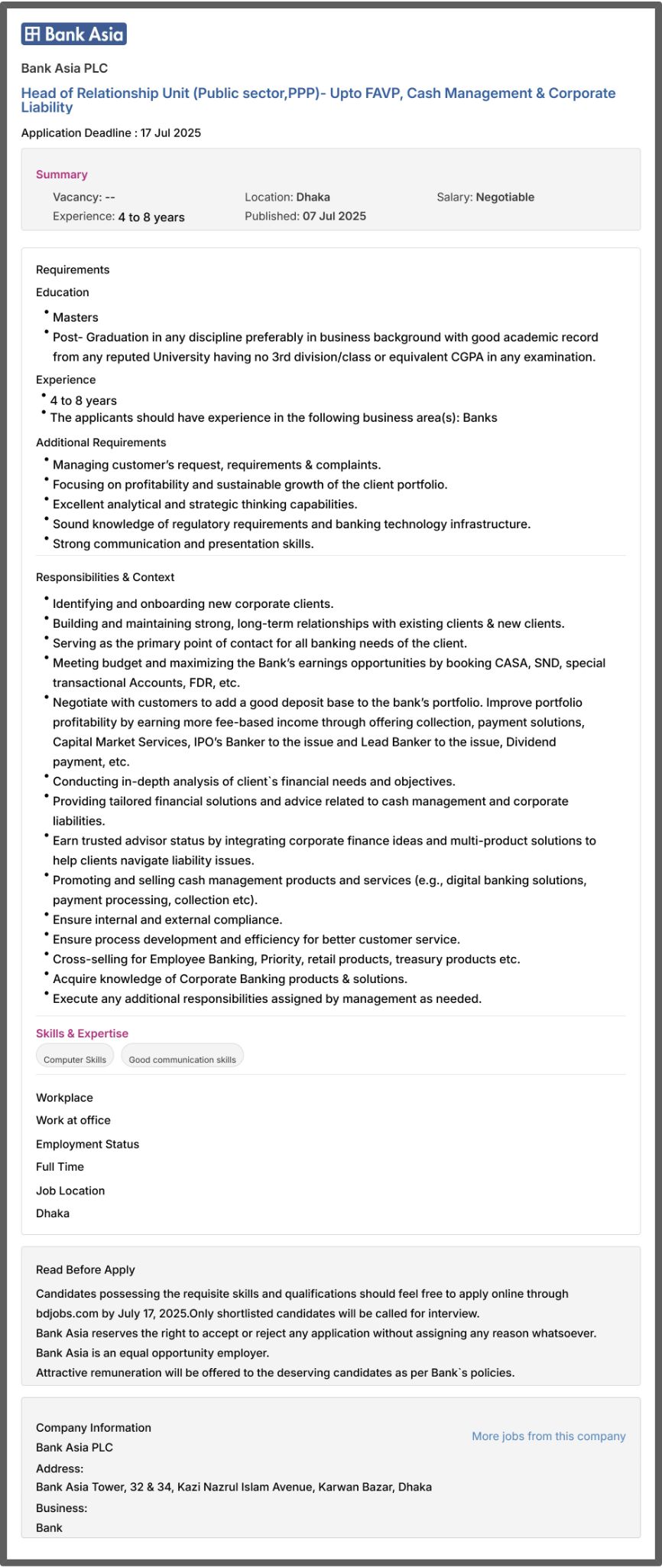 Bank Asia PLC Job Circular 2025